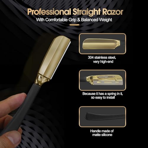 CestoMen Straight Shaving Razor for Men, Professional Barber Straight Razor Stainless Steel Straight Edge Razor Salon Quality Anti Slid Cut Throat Shavette for Barbershop Salons Hairdressing (Gold)