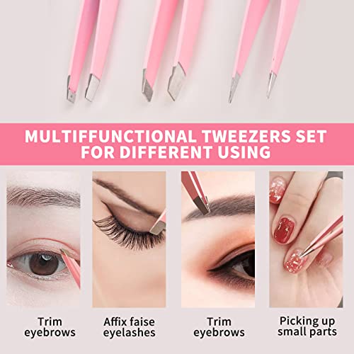 Tirdkid Tweezers for Women, 3 piece Pink Tweezers for Women Facial Hair, Precision Tweezers for Eyebrows, Hair Removal, Facial Hair, Ingrown Hair, Tweezers for Men, (Tweezers set 02)