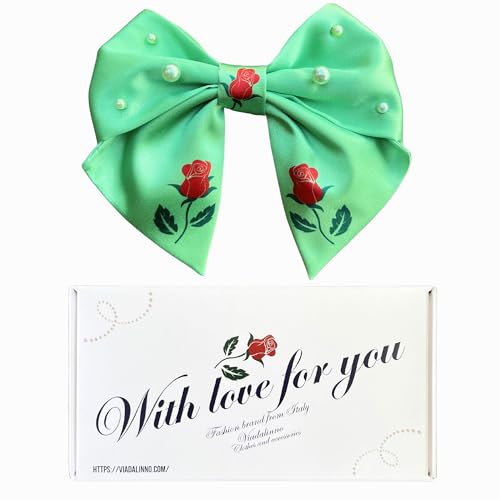 VIADALINNO Hair Clip Bow in a Box Pearls Roses for Women and Girls Silky Cute Coquette Teen Babygirl Little Barrette Hairbows Belle Cinderella Child Giftable Accessories Outfit (1, Light green)