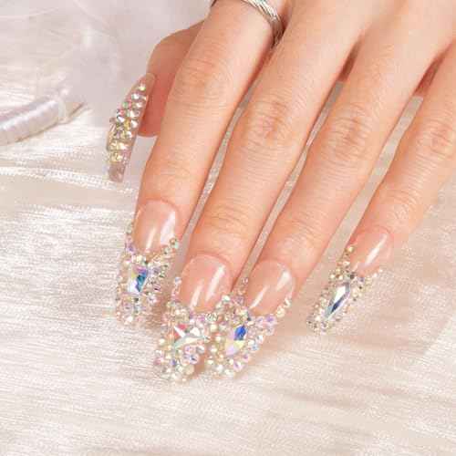 LOVFUL Press on Nails Angel's Tear Rhinestone | Handmade with Full Covered Crystals | Reusable Full Cover Nails | Coffin Classic Regular 1.3 in | H48-M