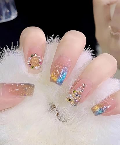 TUOKAY Merry Christmas Press on Nails Cat Eye Effect Christmas Tree Snowflake Glossy Glitter Fake Nails False Nails for Women and Lady,10pcs (Christmas Cat Eye Type 1)