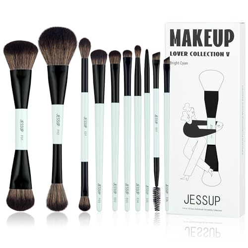 Jessup 10-Piece Makeup Brush Set with Dual-Ended Brushes, Bright Cyan