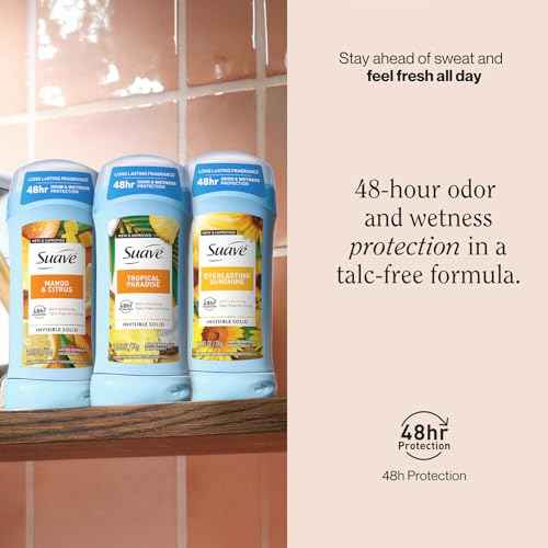 Suave Antiperspirant Deodorant for Women Variety 3-Pack ? Tropical Paradise, Mango & Citrus + Everlasting Sunshine, Anti-Staining Invisible Solid, Talc-Free, 2.7 Oz Ea