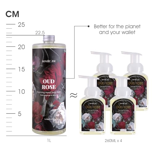 ROMIIE ZOI Foaming Hand Soap Refill Gift Set ? 3 Pack (1000ML Each) with Dispenser ? Ebony Rose Scent ? Gentle & Moisturizing Plant-Based Formula ? Bulk Refill Bottles for Bathroom & Kitchen Use