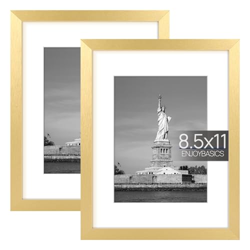 ENJOYBASICS 8.5 x 11 Picture Frame, Display Poster 6x8 with Mat or 8.5x11 Without Mat, Wall Gallery Photo Frames, Gold, 2 Pack