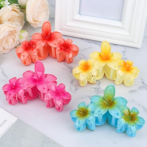 Amariver Flower Hair Claw Clips - 4PCS Glossy Hawaiian Clips for Thick and Thin Hair, Non-Slip Strong Hold Hair Accessories for Women and Girls