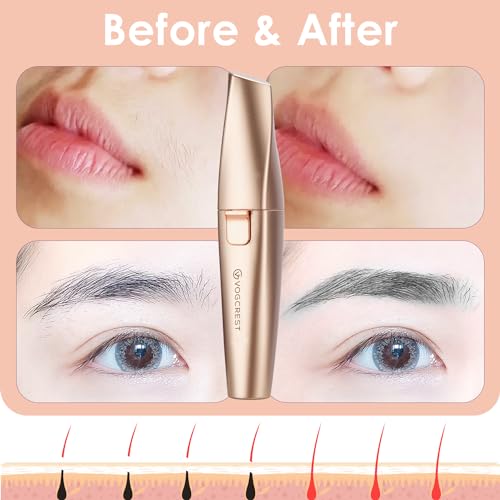 VG VOGCREST 2 in1 Eyebrow Facial Trimmer with Replacement Heads - Rechargeable Facial Hair Removal and Eyebrow Shaver - Face Lips Body Painless Facial Razor with Built-in LED Light (Rose Gold)
