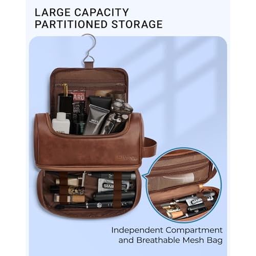 Elviros Toiletry Bag for Mens PU Leather Travel Organizer Kit with Hanging hook, Large Water-resistant Toiletries Bathroom Shaving Bag, Gift For Men (Dark Brown)