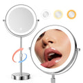 Nicesail LED Lighted Makeup Mirror Tabletop, 10X Magnifying Mirror with 3 Color Lights, Brightness Adjustable Height, Light up for Desk Make up Vanity Table, Double Sided Chrome Finish (8 Inch, 10X)