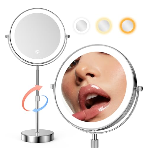 Nicesail LED Lighted Makeup Mirror Tabletop, 10X Magnifying Mirror with 3 Color Lights, Brightness Adjustable Height, Light up for Desk Make up Vanity Table, Double Sided Chrome Finish (8 Inch, 10X)