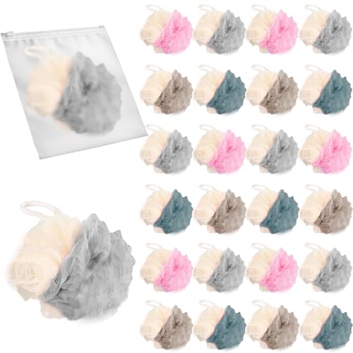 24 Pack Travel Loofah, Individually Wrapped Small Loofah Shower Pouf, 4 inch Mini Bath Sponges for Shower, Multicolor