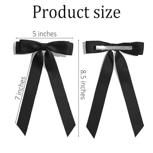 2PCS Black Hair Bows Solid Satin Polyester Ribbon Bow Hair Clips Ponytail Big French Hair Barrettes with Long Tail Wedding Dress Decor Hair Accessories for Women Toddler Teen Girls