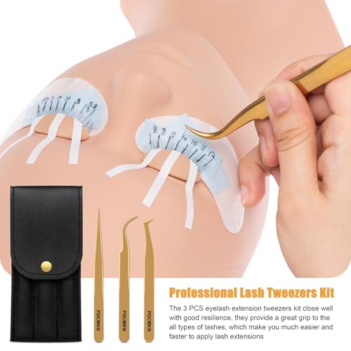 Lash Tweezers Set for Eyelash Extension, Eyelash Tweezers for Classic Individual and Volume Lash Extensions, Complete with Storage Case (Gold, 3PCS Set)