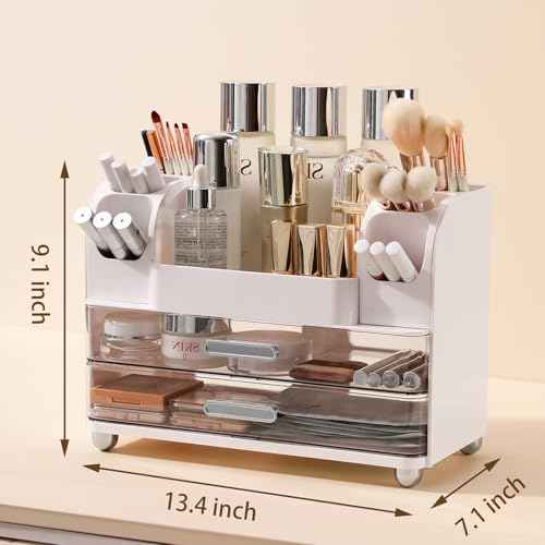 Anyoifax Makeup Organizer Countertop with Large Drawers, Vanity Organizer with Brush Holder, Skin Care Storage for Dresser, Perfume Organizer for Lotion, Lipsitck, Palette, White