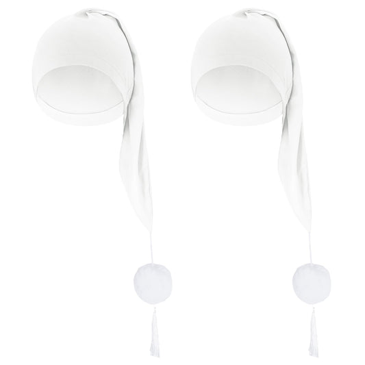 cnomg 2pcs Men's Night Sleeping Cap Adjustable Pajama Cap with Pom Ball and Tassel Women Daily Use (US, Alpha, Medium, White,white)