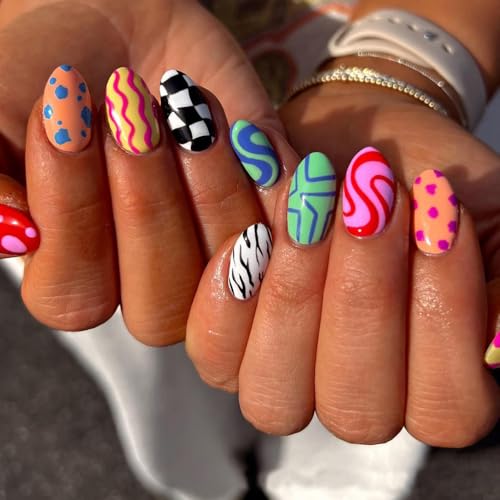 Short Almond Press-On Nails Set - 24pcs Colorful Acrylic with Geometric Design
