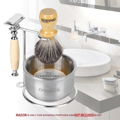 Anbbas Badger Hair Shaving Brush with Wood Handle,Stainless Steel Razor and Brush Stand, Shaving Bowl with Shaving Soap Bar 4in1 Set for Men Wet Shave