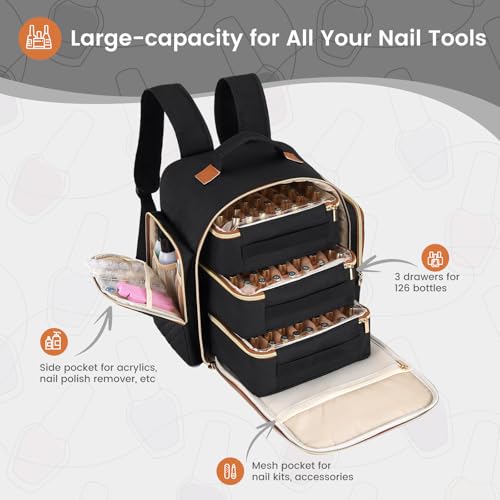 Hautton Nail Polish Organizer Holds 126 Bottles, Extra Large Storage Bag with 3 Removable Drawers, Professional Nail Supplies Travel Carrying Case for Nail Tech Manicurist -Black