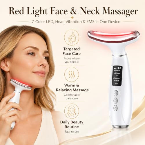 GIHWRRI White 7-Color LED Face and Neck Light Therapy Massager with EMS & Heat