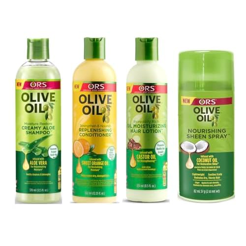 ORS Olive Oil Moisture Restore Creamy Aloe Shampoo - Strengthen & Nourish Replenishing Conditioner - Moisturizing Hair Lotion - Nourishing Sheen Spray - Bundle