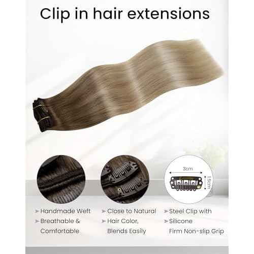 LaaVoo Clip in Hair Extensions Real Human Hair Blonde Ombre Human Hair Clip in Extensions Light Brown to Platinum Blonde Hair Extension Clip ins Silky Straight 18 Inch 5pcs/80g