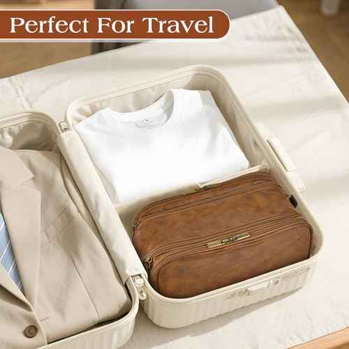 Toiletry Bag for Men,Large Leather Dopp Kit & Travel Organizer, Water-Resistant Shaving Bag for Traveling Gift for Him (Brown)