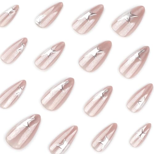 Medium Almond Press On Nails - Nude Pink Cat Eye with Silver Stars
