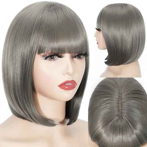 Svolna Short Bob Wig with Bangs, Grey Synthetic Straight Hair Wigs for Women, 14 Inch Cosplay Costume Bob Wig (grey#)