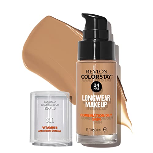 Revlon Liquid Foundation, ColorStay Face Makeup for Combination & Oily Skin, SPF 15, Medium-Full Coverage with Matte Finish, Rich Maple (390), 1.0 oz