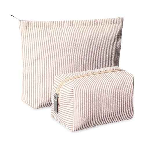 2 Pieces Makeup Bag Set Cute Cosmetic Pouch for Women Seersucker Travel Toiletry Bag Preppy Small Makeup Purse Pouch Aesthetic Skincare Brushes Storage Organizer for Christmas Women(Khaki)