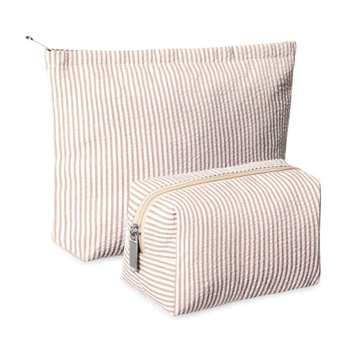 Huhumy 2-Piece Seersucker Makeup Bag Set Khaki Stripe