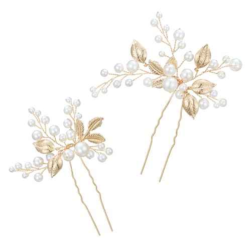SWEETV 2Pcs Bridal Hair Accessories Pearl Bride Wedding Hair Pins Leaf Bridal Head Piece Rhinestones Hair Jewelry Gold Hair Accessories for Women and Girls