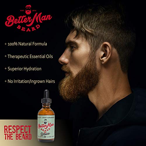 BETTER MAN BEARD Spruce Beard Oil - 2 oz All-Natural Leave-in Beard Conditioner with Therapeutic Grade Essential Oils & 100% Natural Formula - OIL-SPR2
