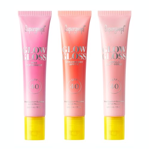 Supergoop! Glow Gloss SPF 40 Lip Balm Trio - Includes Vanilla Soft Serve, Strawberry Spritz & Pink Peppermint - Broad Spectrum Protection with a Non-Sticky, High-Shine Finish - 0.5 fl oz