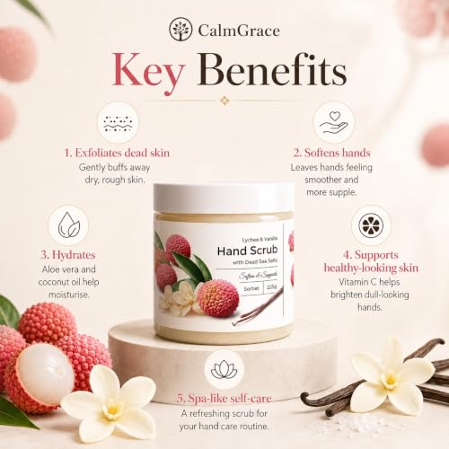 CalmGrace Exfoliating Hand Scrub - Dead Sea Salt & Lychee Vanilla (250g)