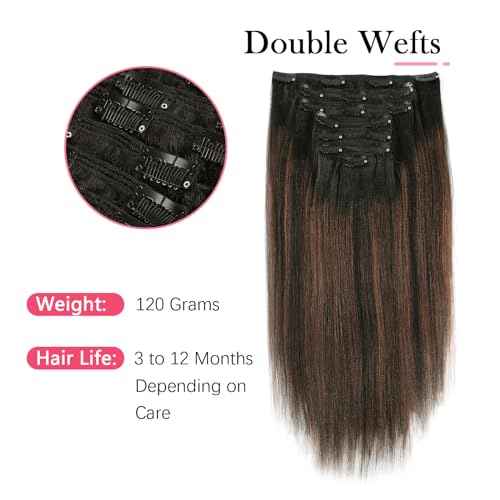 Sassina Thick Yaki Straight Style Clip in Hair Extensions Natural Black to Chocolate Brown Double Weft Real Human Hair Clip in Hair Extensions 120 Grams 14 Inch 7 Pcs
