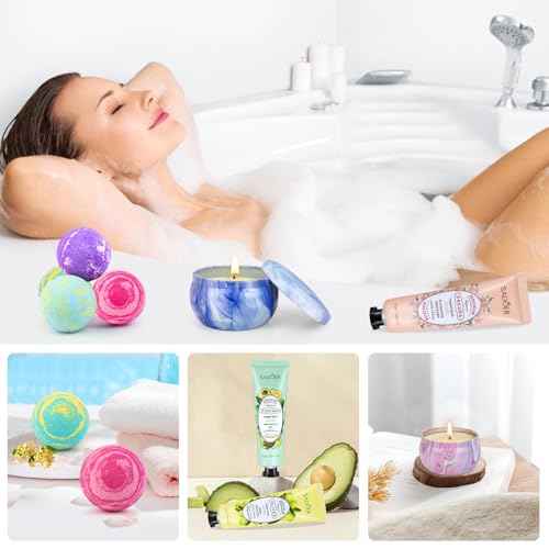 Bath Bombs for Women Gift Set - 4 Large Bath Bombs + 3 Scented Candles + 3 Hand Lotions, Handmade Moisturizing SPA Gift Baskets Fizzy Bath Bomb, Ideal Gift for Mother's Day, Birthday,Valentine's Day