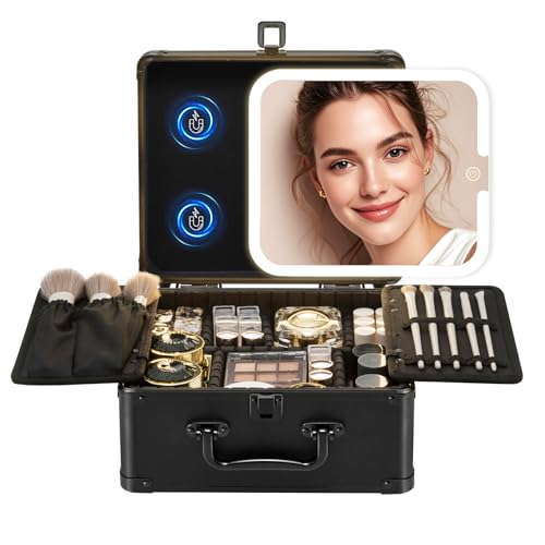 Makeup Box with Detachable Lighted Mirror?Travel Train Case, Cosmetic Storage Organizer & Makeup Suitcase with Adjustable Dividers & Magnetic LED Mirror (Black)