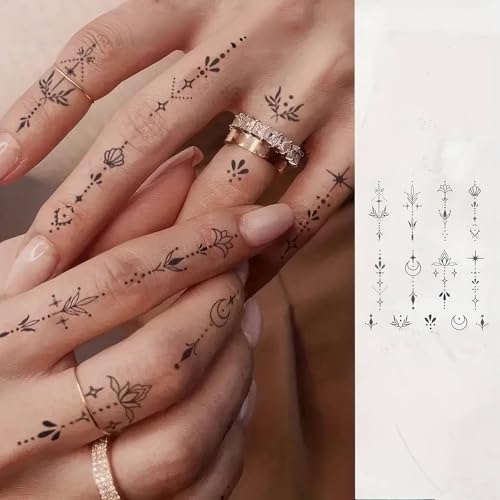 18 Sheets Fashion Y2K Geometric Lotus Arrow Temporary Tattoos For Men Women Adults Finger Hands, Waterproof Realistic Tiny Rose Flower Leaf Fake Tattoos Black Small Butterfly Sun Moon Tatoo Stickers