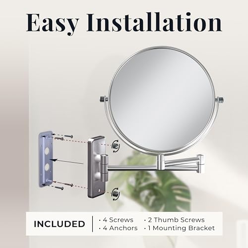 Zadro 7" Wall Mounted Wardrobe, Vanity Makeup Mirror with Magnification & Extending Arm (Large | 12.25" x 12" | 8X/1X, Satin Nickel)