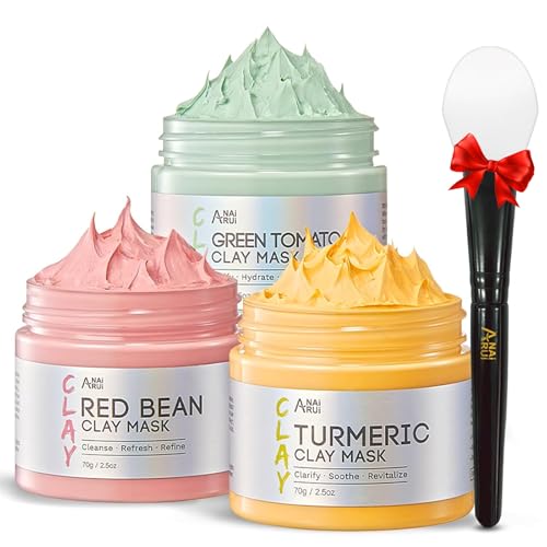 ANAI RUI 3 Pcs Pore Cleansing Face Mask Set Green Tomato Clay Mask - Turmeric Vitamin C Facial Mask Red Bean Refreshing Pore Mask, Relaxing Spa Gift Set Self Care for Women/Teens Girls 2.5 oz each