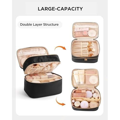 HBlife Double Layer Travel Makeup Bag Portable Cute Leather Cosmetic Bag Large Make Up Bag Makeup Case Organizer Toiletry Bag for Women Girls with Handle and Removable Divider(Black)