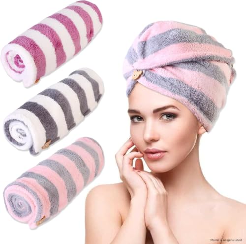 3-Pack Microfiber Hair Towel Wrap with Button | Quick-Drying
