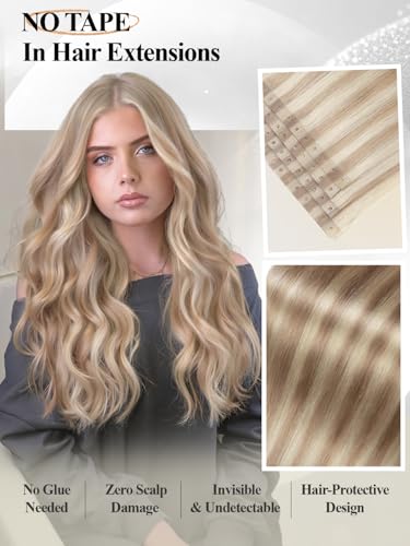 18-Inch Ash Blonde Highlight Human Hair Extensions - Glueless PU Weft