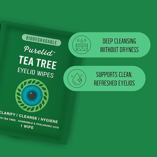 PURELID 100 Pack Tea Tree Eyelid Wipes - Gentle Eye Cleanser with Hyaluronic Acid & Chamomile for Dry Eyes & Allergies