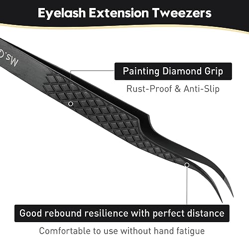 Ms.Queen Lash Tweezers for Eyelash Extensions,Set of 5,Fiber Tip Curved 45 90 Degree and L-Shape Boot Lash Tweezers for Mega Volume & Classic Lashes,Black