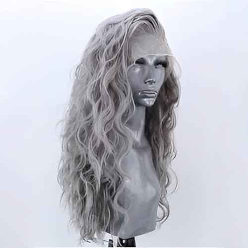 Silver Grey Long Curly Synthetic Lace Front Wigs for Women Free Part Pre Plucked Natural Hairline Lace Front Synthetic Cosplay Wigs Glueless Daily Wear Costume Wig 24 Inches
