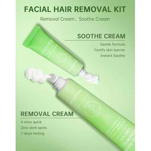 Painless Facial Hair Removal Cream for Women - Sensitive Skin 2-in-1 Kit with Soothing Cream | Upper Lip & Chin Hair Remover | At-Home Depilatory (4 Min, 7 Days Smooth),2.03 Fl Oz