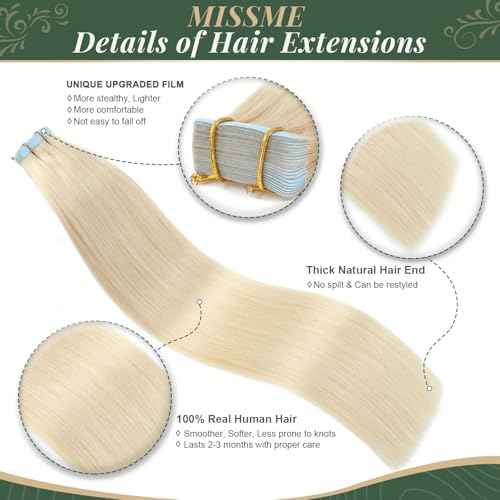 Missme Tape in Hair Extensions Human Hair 20 inch 20 Pcs 50g #60 Platinum Blonde Tape ins Human Hair Extensions Remy Hair Skin Weft Seamless Invisible Silky Straight Thick Ends Add Length