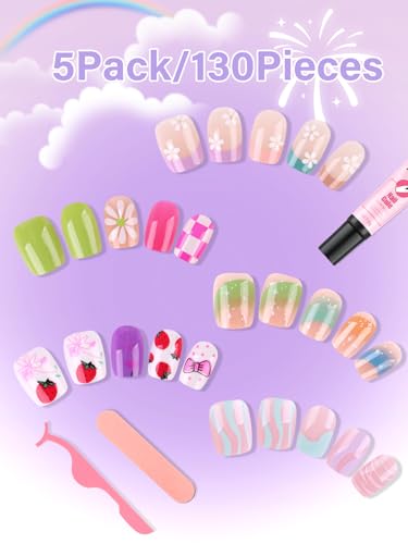 EBANKU Kids Press-On Nails Set A - 130 Fake Nails with Adhesives, French Flower Design, Child Friendly